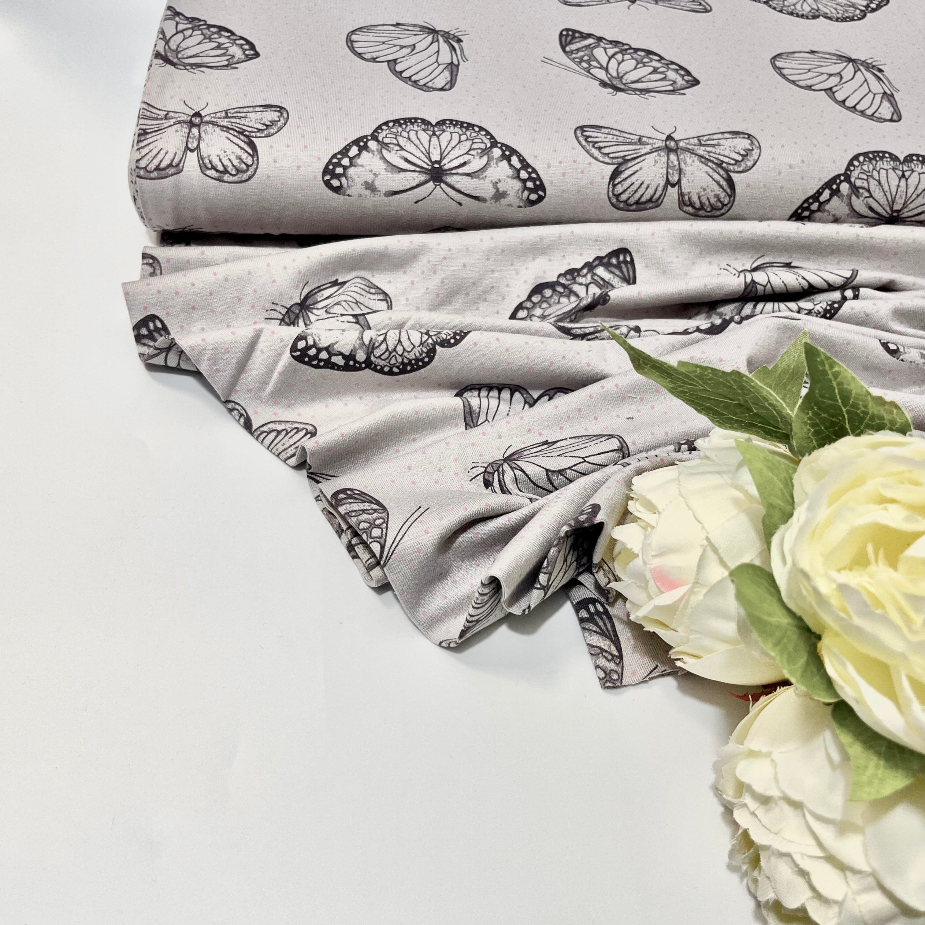 Baumwolljersey - Schmetterlinge - grau meliert Fabric poshpinks