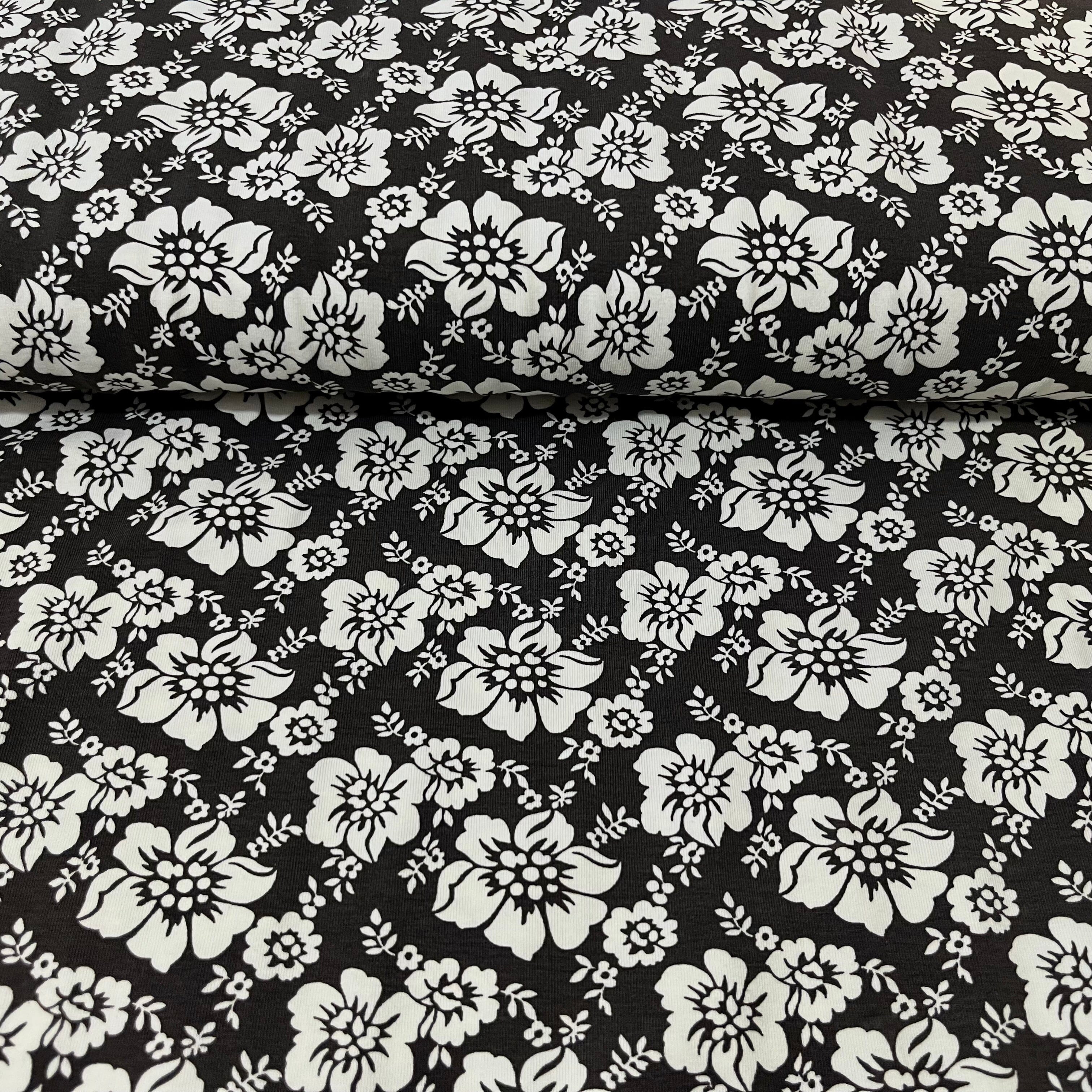 Baumwolljersey - Blumen - weiß auf braun Fabric poshpinks