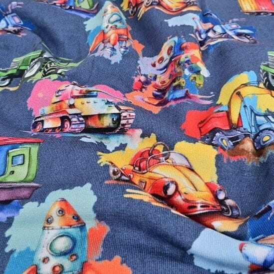 Baumwolljersey - Fahrzeuge - Trecker Bagger Rakete Roboter bunt Fabric poshpinks