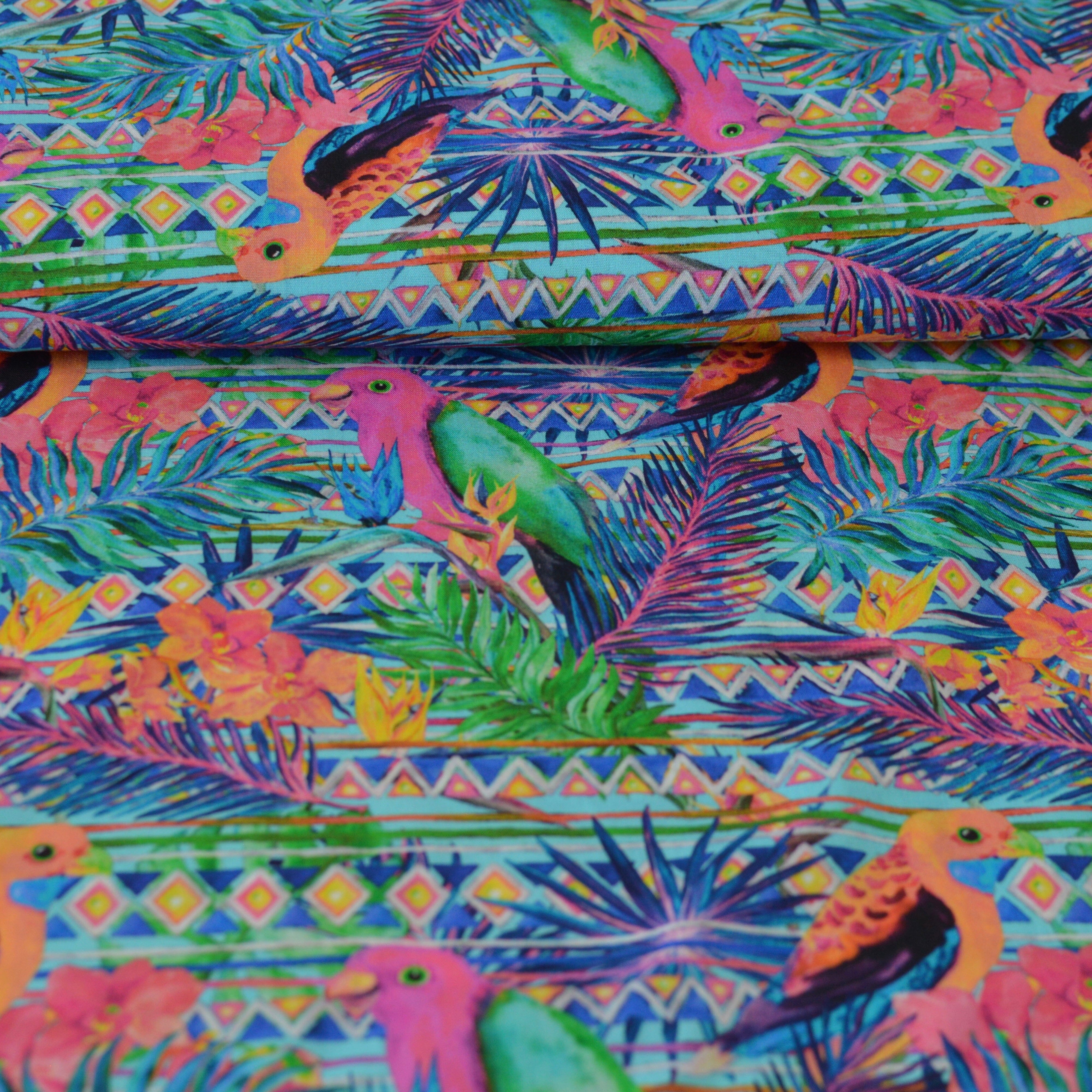 Viskose - Hawaiian Parrot - pink türkis bunt Fabric poshpinks