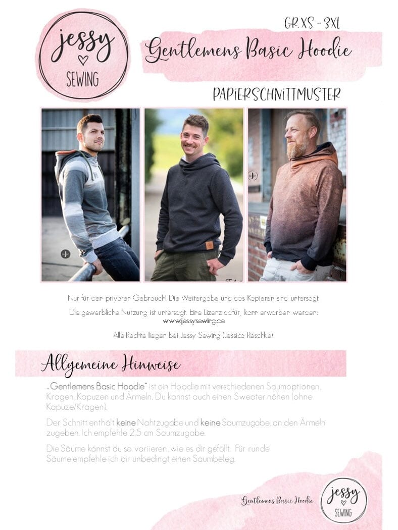 Papierschnittmuster Jessy Sewing - Gentleman ´s Hoodie - Gr. XS-XXL Schnittmuster poshpinks