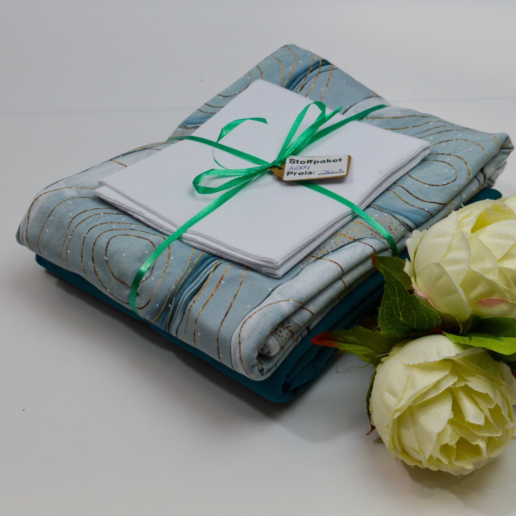 Stoffpaket Jersey & Bündchen – abstrakt weiß,grau,petrol – limitiert Paket poshpinks