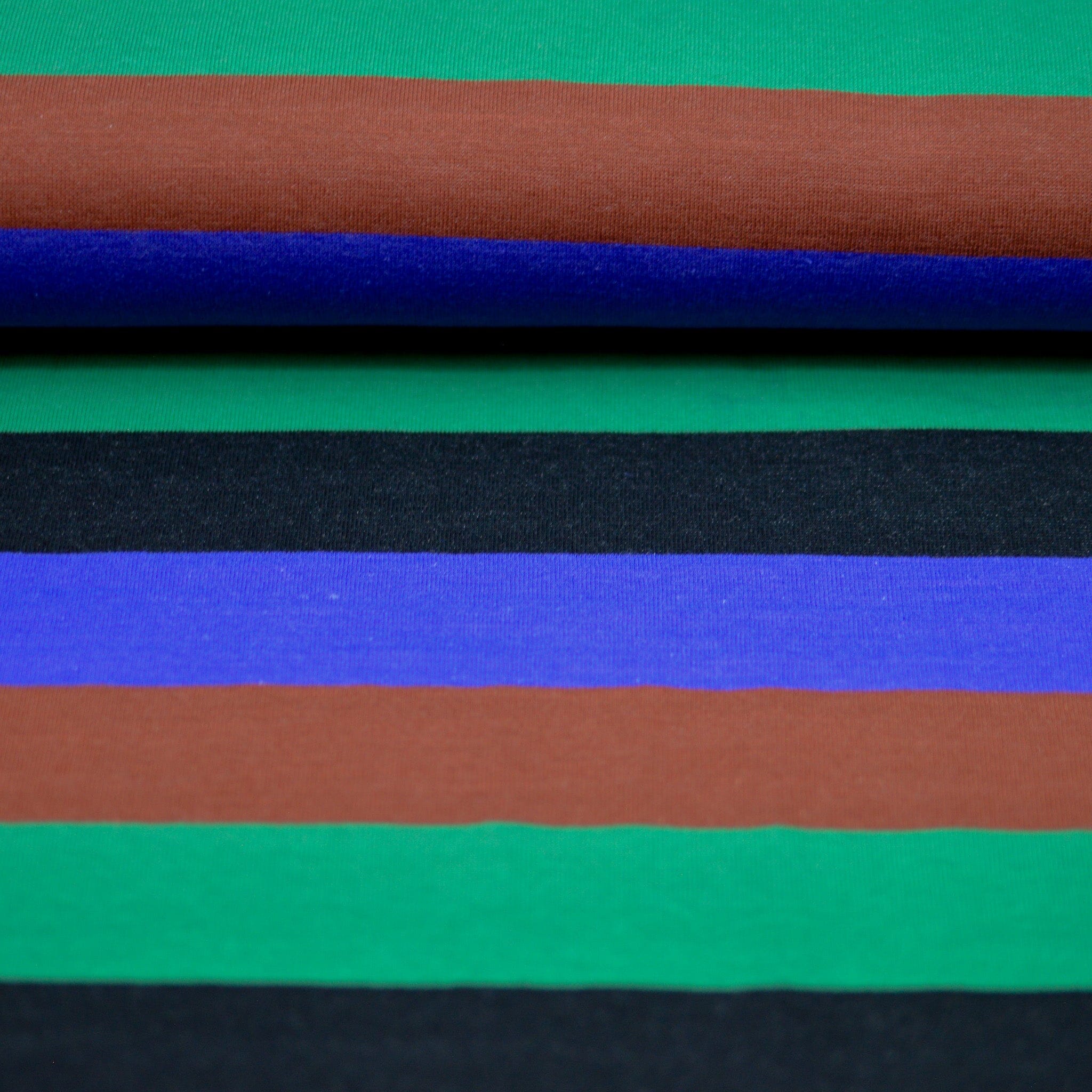Baumwolljersey - Blockstreifen Ringel - Royalblau Smaragdgrün Zimtbraun schwarz Fabric poshpinks