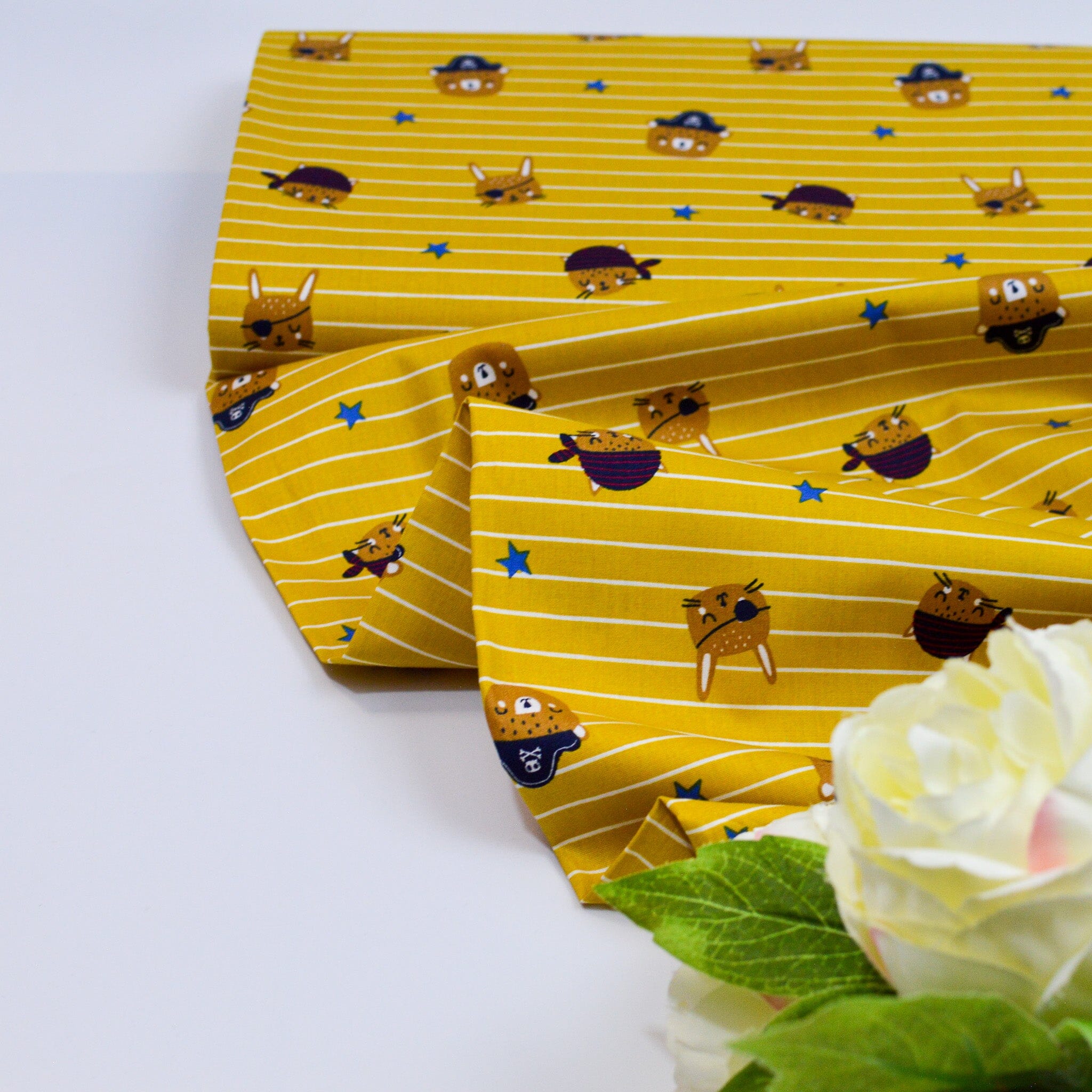 Baumwoll Popeline - tierische Piraten - senfgelb blau braun weiß gestreift Fabric poshpinks