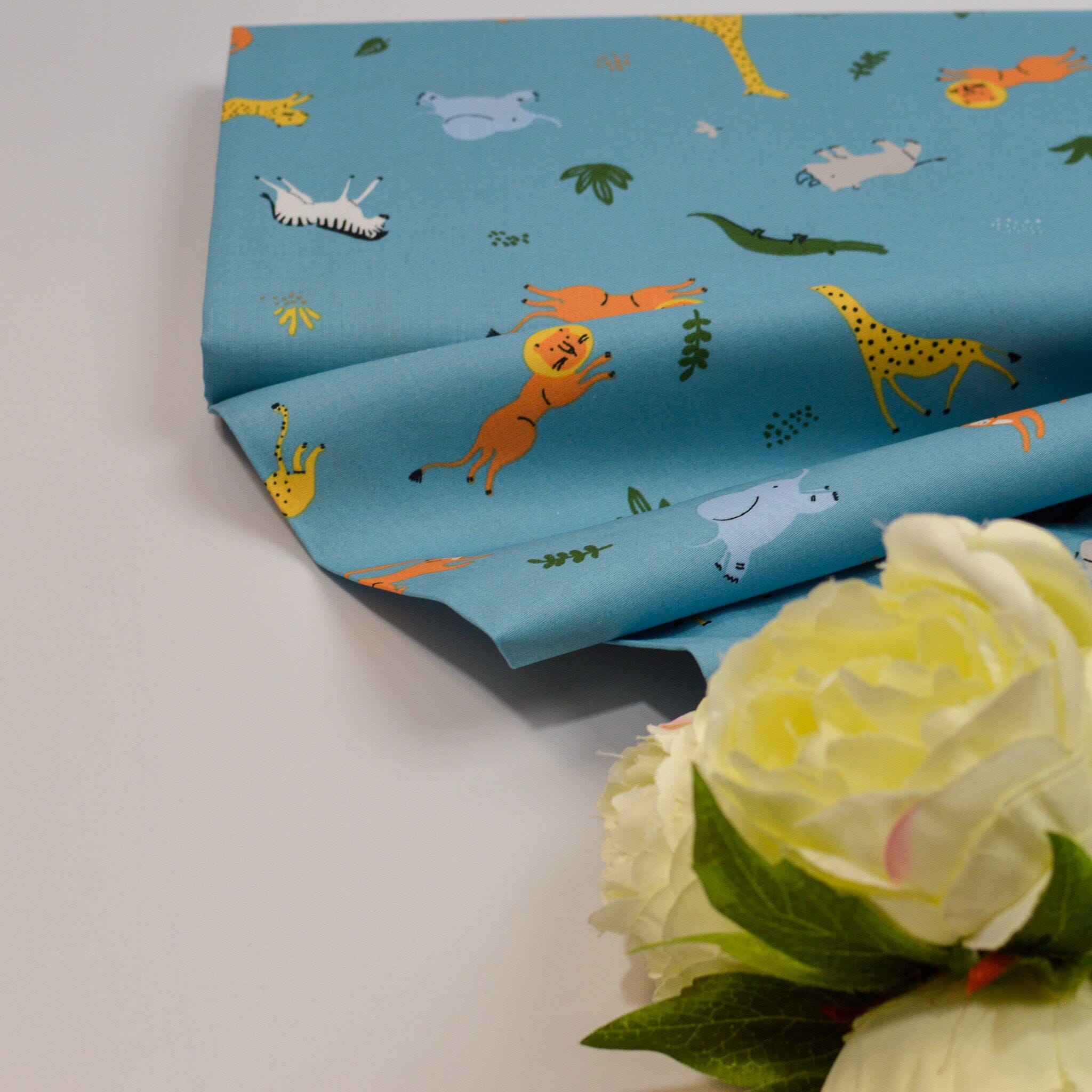 Baumwoll Popeline - Zootiere - gelb orange hellblau Fabric poshpinks