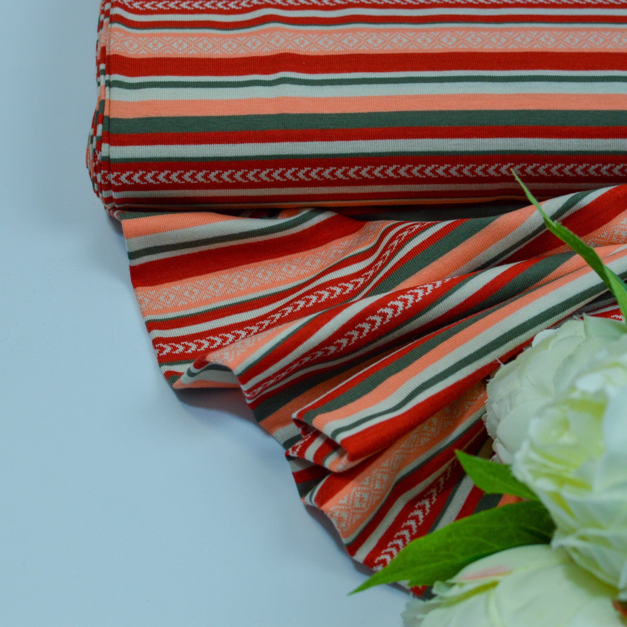 Jacquardjersey - Double Face - Streifen / Muster - orange rot olivgrau Fabric poshpinks