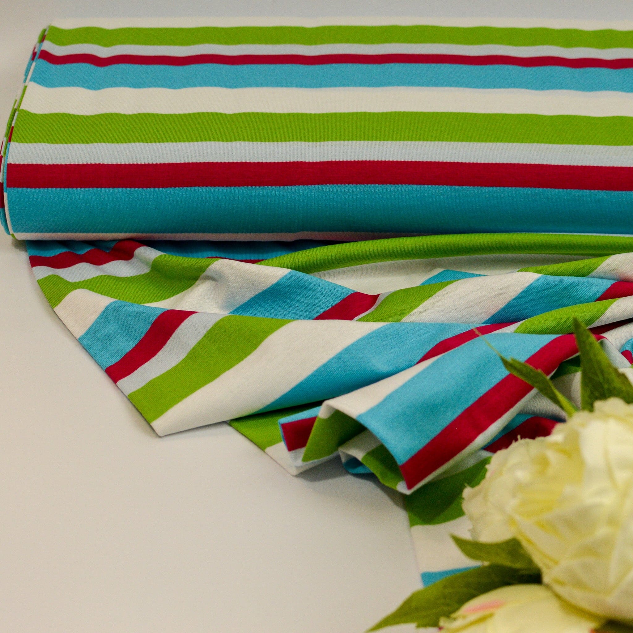 Baumwolljersey - Streifen / Ringel - grün türkis dunkelpink weiß Fabric poshpinks
