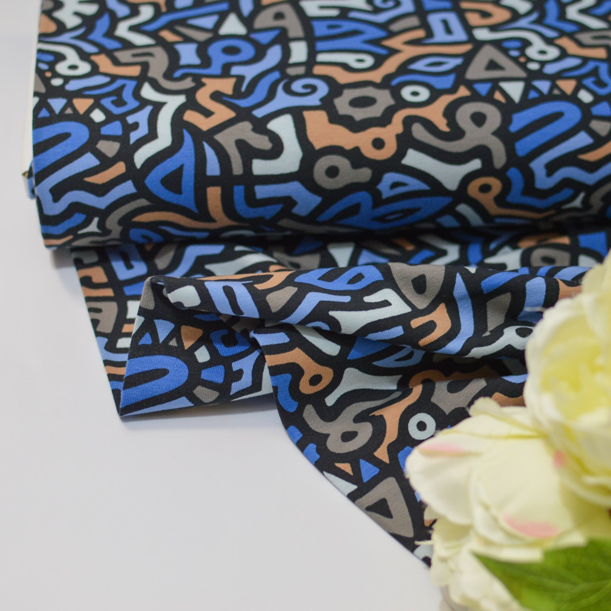 Baumwolljersey - Street Art - blau beige bunt Fabric poshpinks