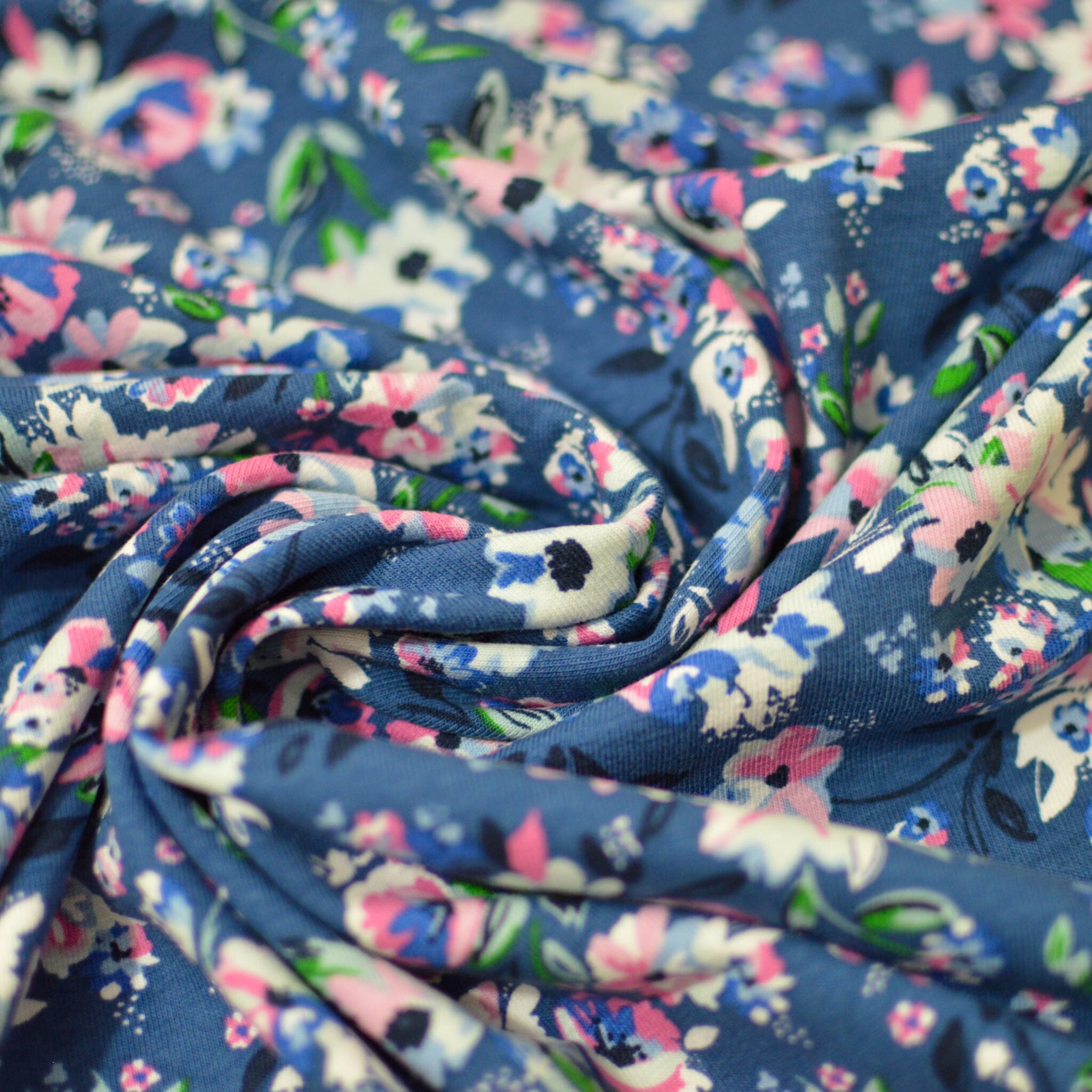Baumwolljersey - Blumenweise - Jeansblau rosa pink Fabric poshpinks
