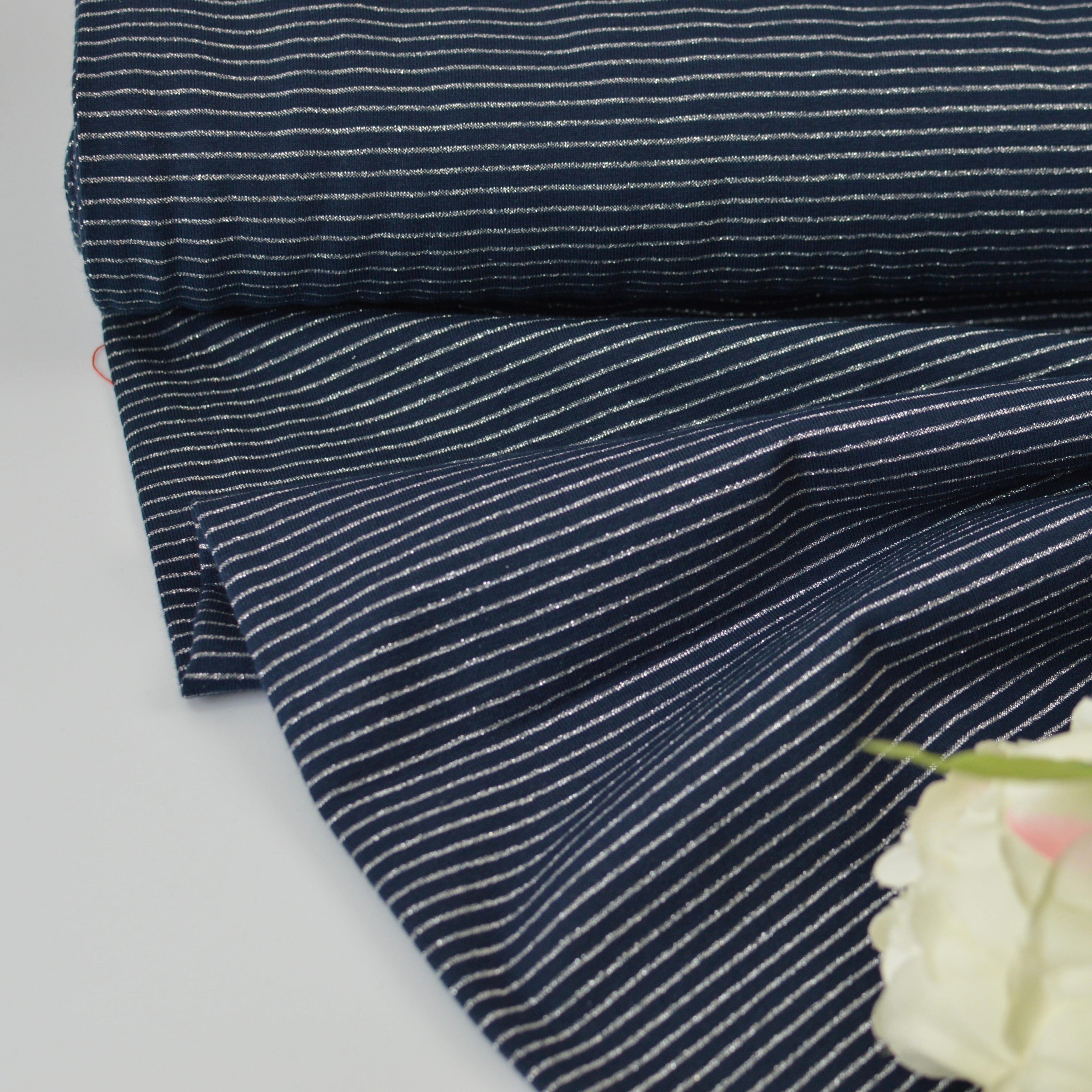 Baumwolljersey - Streifen/Ringel glitzer dunkelblau Silber Fabric poshpinks