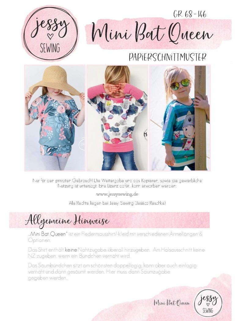 Papierschnittmuster Jessy Sewing - Mini BAT Queen - Gr. 68-156 - Fledermausshirt für Kinder Schnittmuster poshpinks