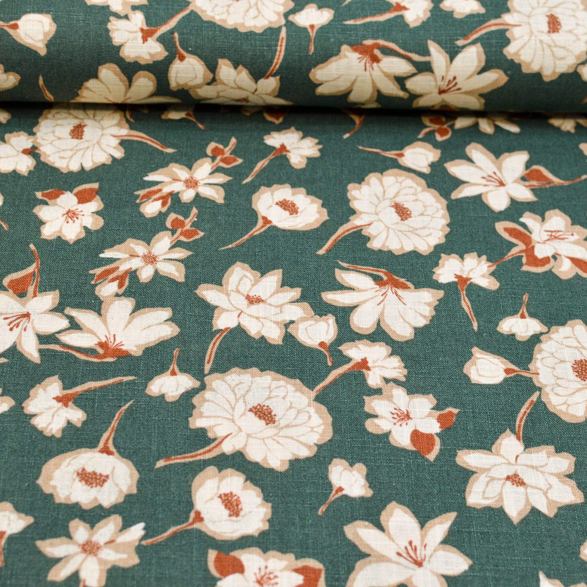 Leinen gewaschen - Druck Blumen - flaschengrün rostrot - Grasleinen Fabric poshpinks