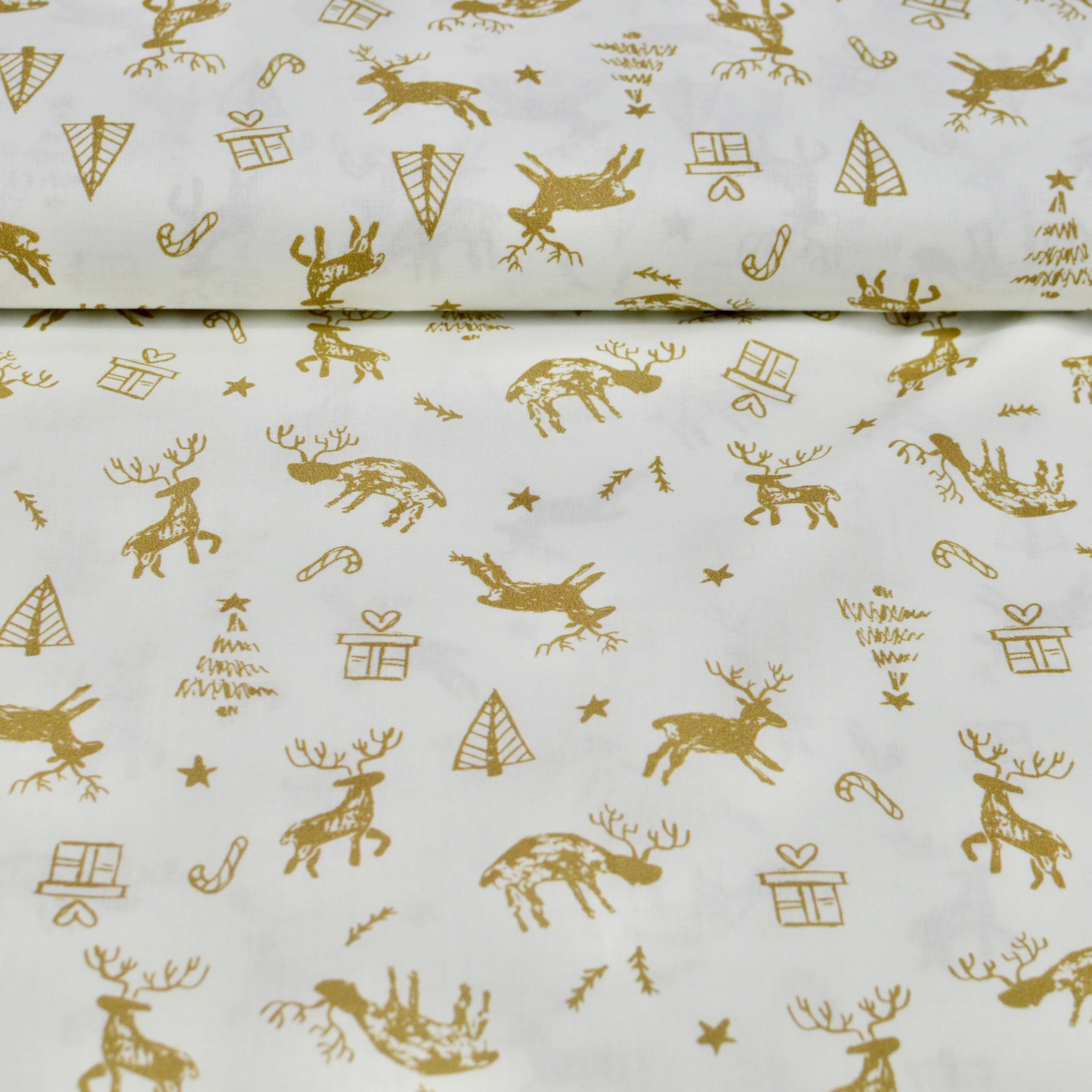 Baumwoll Popeline - Christmas - Golden Noel - Weihnachtliche Motive goldgelb auf Wollweiß Fabric poshpinks