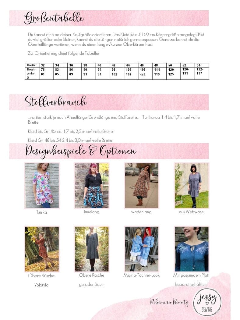 Papierschnittmuster Jessy Sewing - Bohemian Beaty - Gr. 32-56 - Bohokleid für Damen Schnittmuster poshpinks