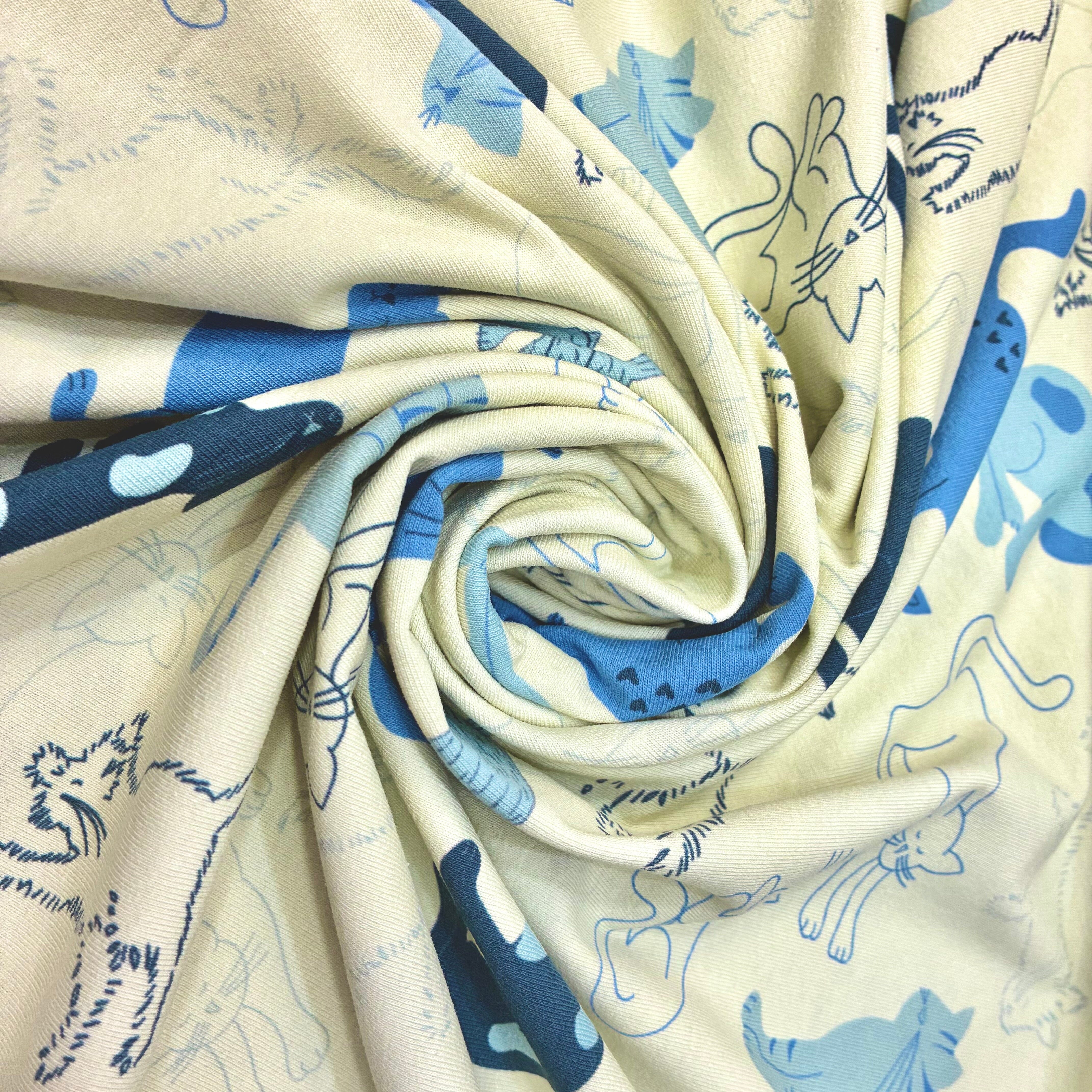 Baumwolljersey - Katzen - creme blau Fabric poshpinks