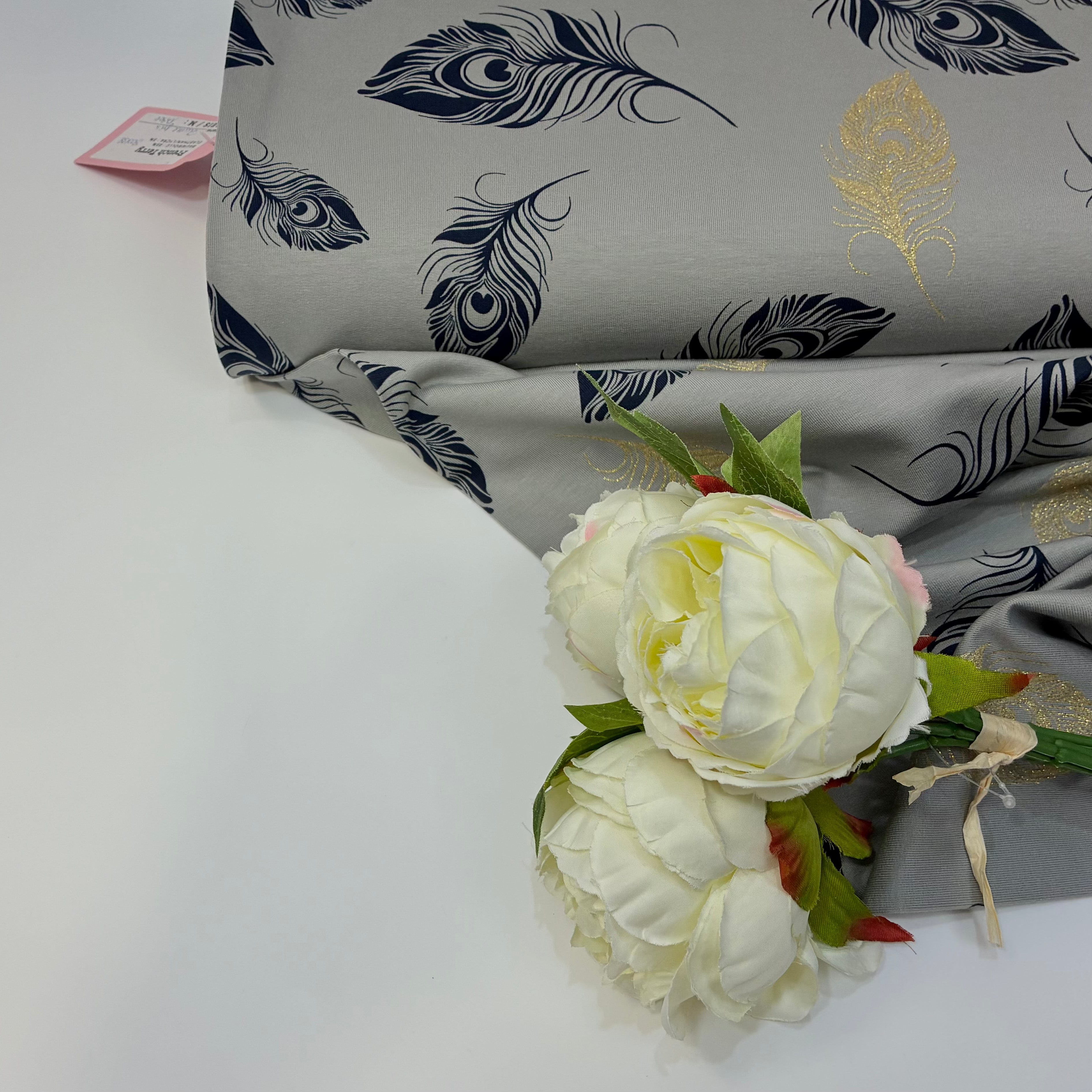 French Terry - Plume - gris - Feder mit Glitzer Fabric poshpinks