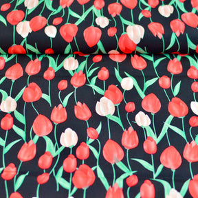 Viskose - Tulpen rot auf schwarz Fabric poshpinks