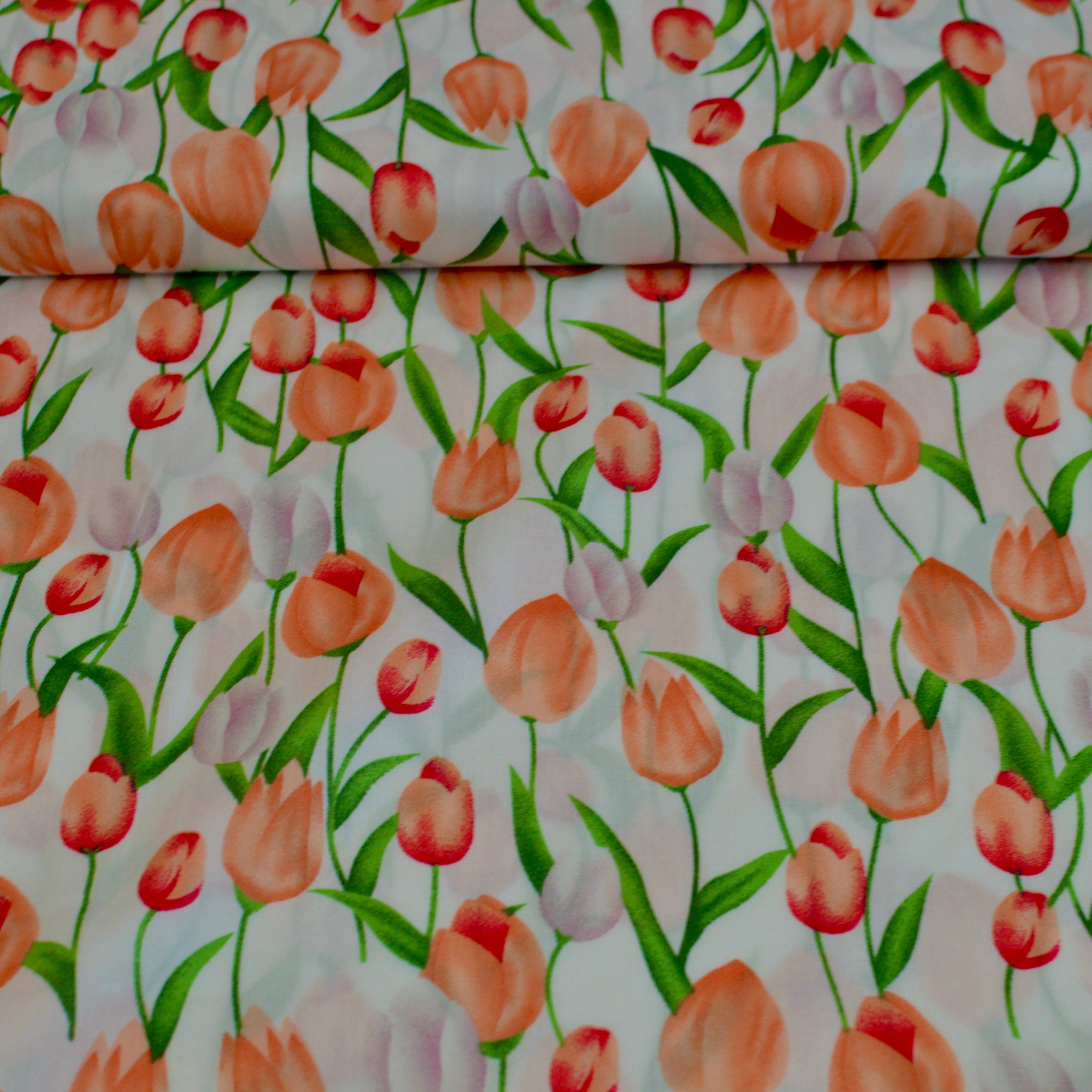 Reststück 1,6m Viskose - Tulpen apricot auf weiß Fabric poshpinks